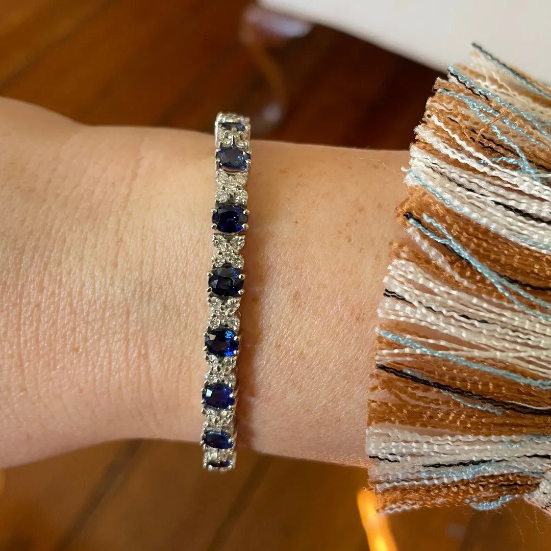 10ct Oval Sapphire & Diamond Cluster 18K White Gold Tennis Bracelet