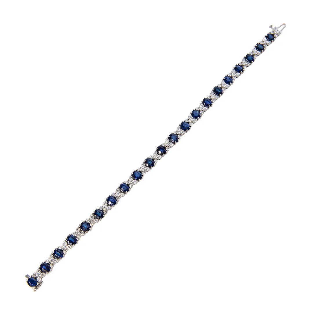 10ct Oval Sapphire & Diamond Cluster 18K White Gold Tennis Bracelet