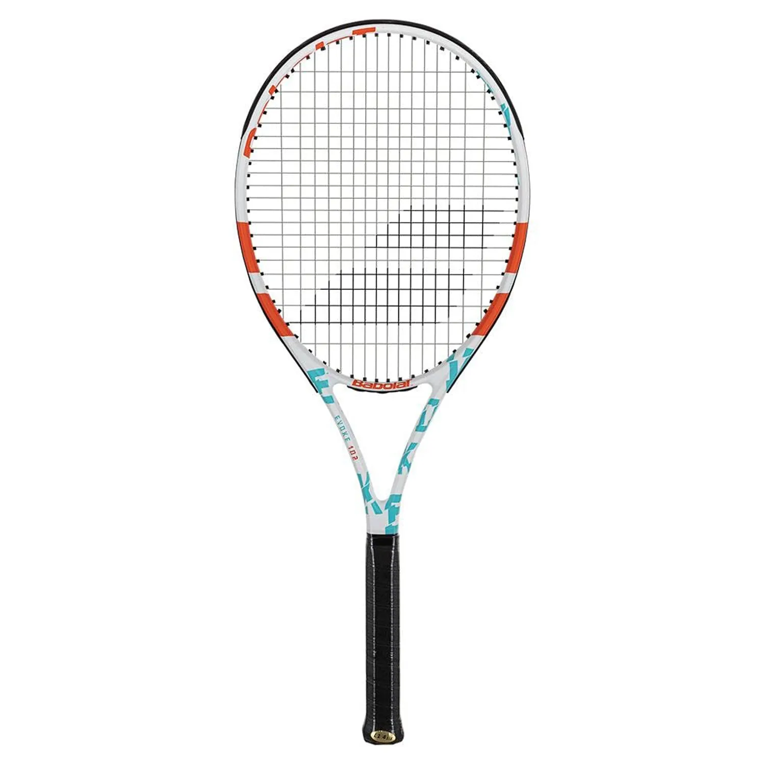 Babolat 1211225 Evoke 102 Strung Tennis Racquet 4 3/8, White/Blue/Orange