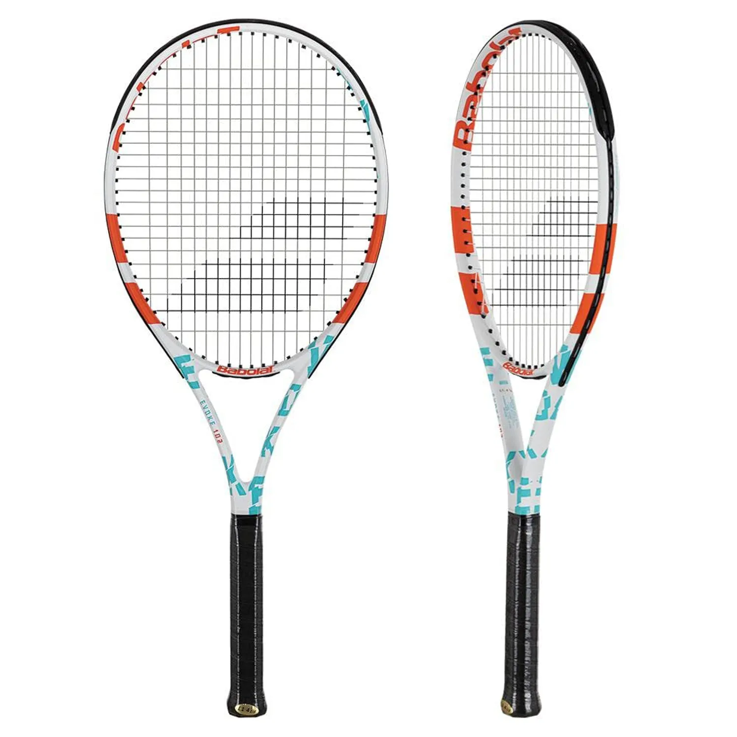 Babolat 1211225 Evoke 102 Strung Tennis Racquet 4 3/8, White/Blue/Orange