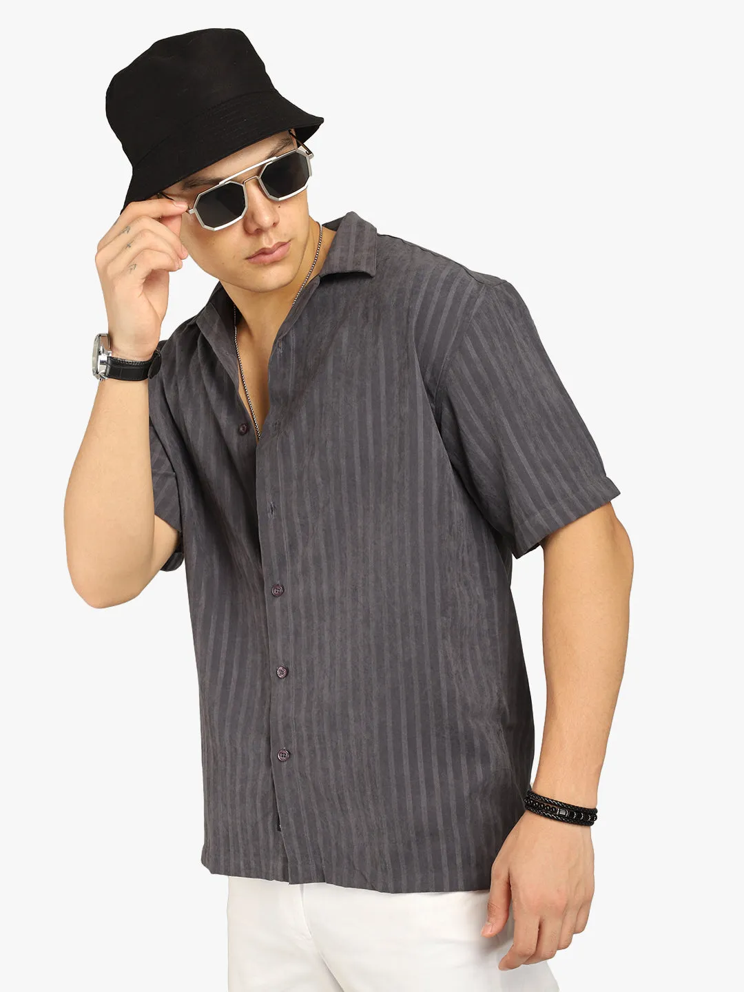 Basic Stripe Dark Grey Half Sleeve Shirt