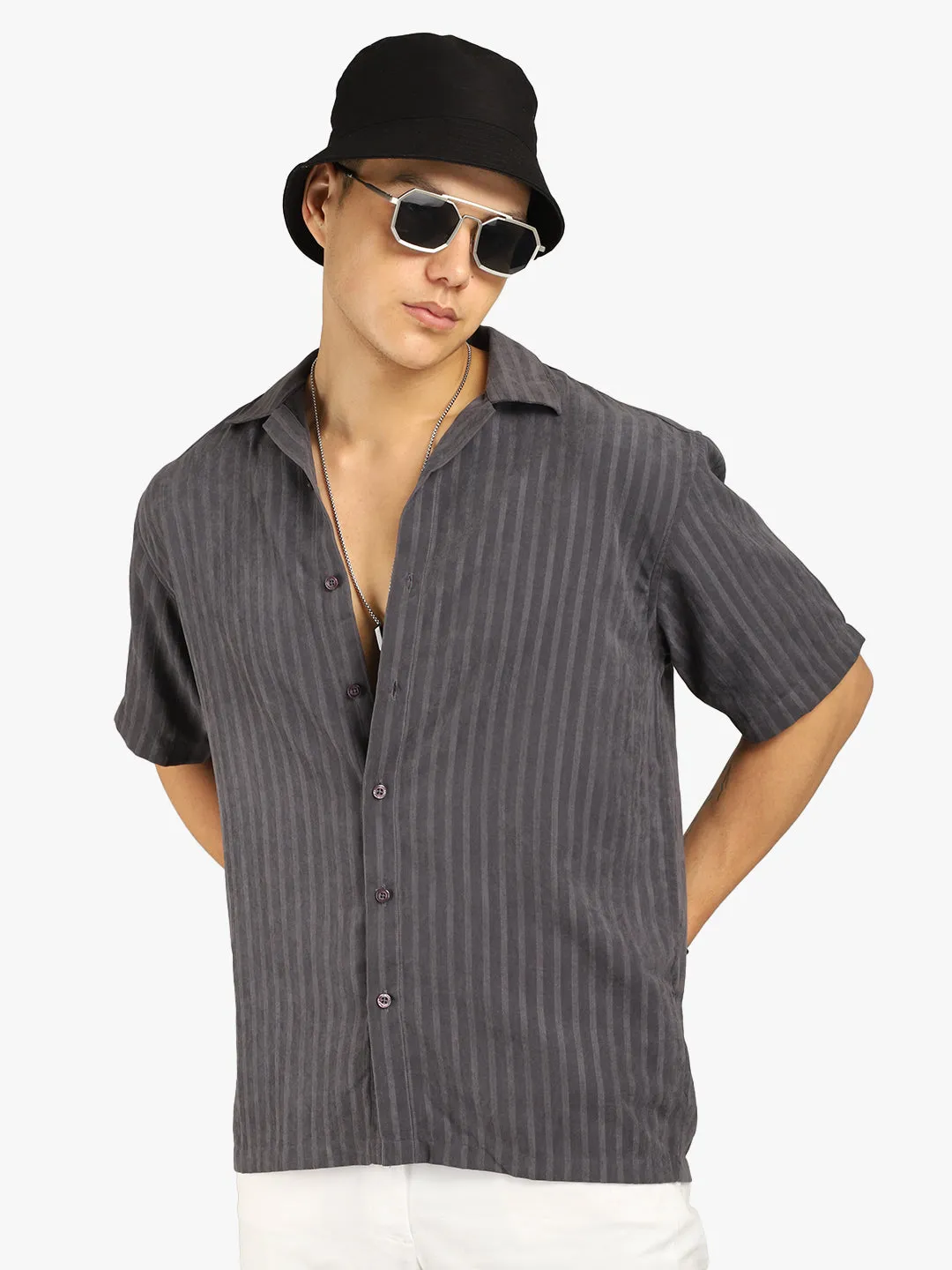 Basic Stripe Dark Grey Half Sleeve Shirt