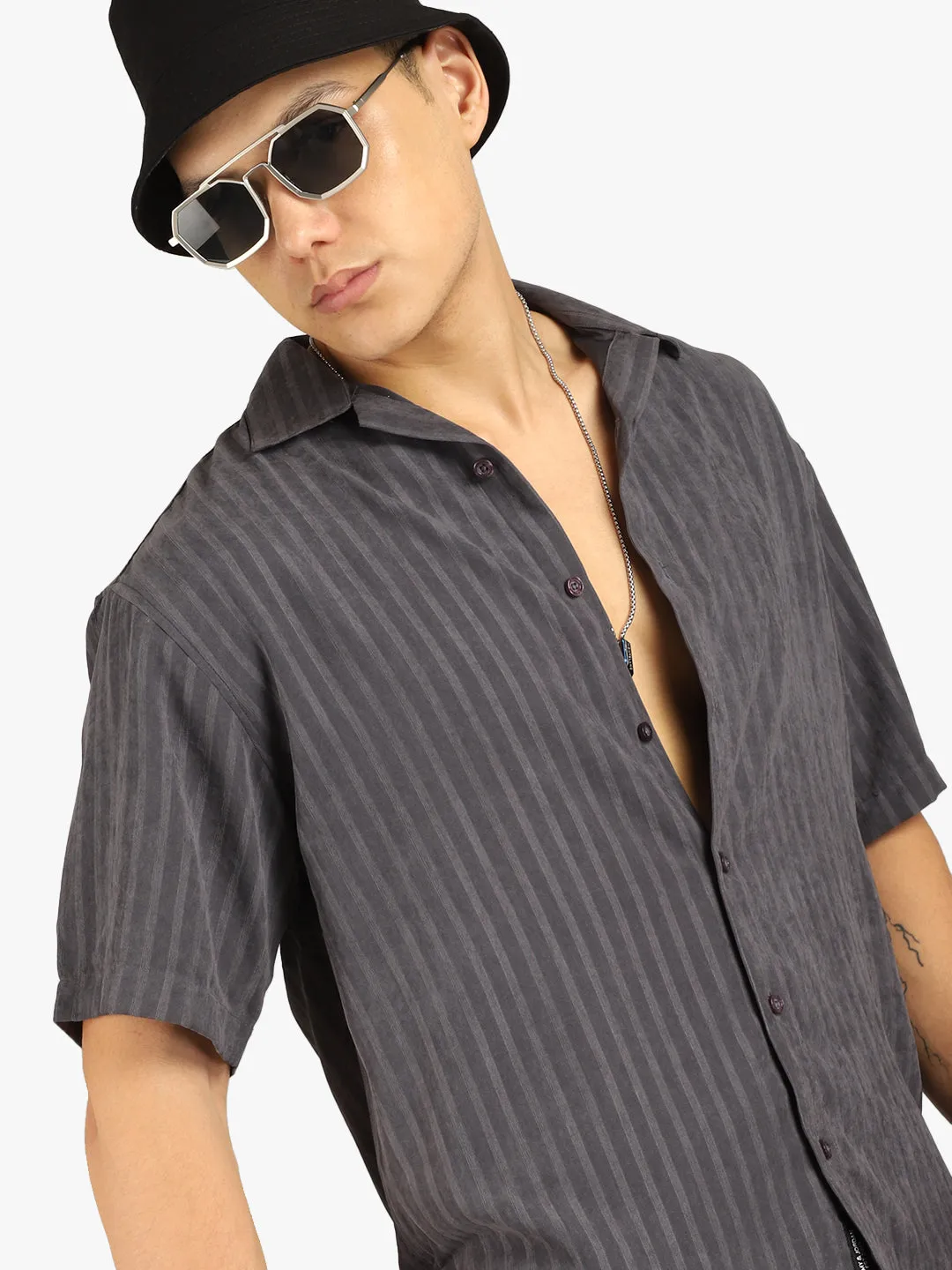 Basic Stripe Dark Grey Half Sleeve Shirt