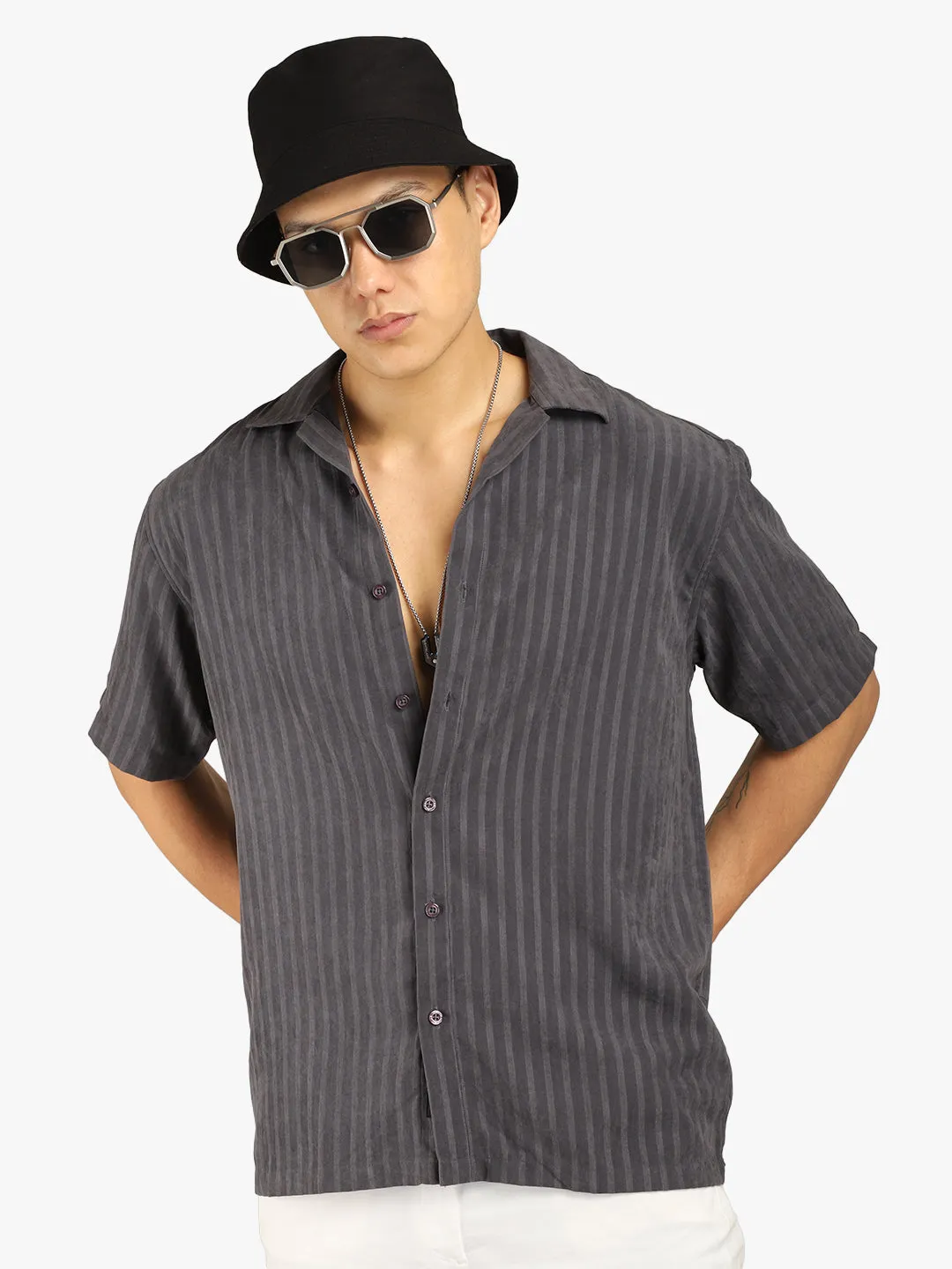 Basic Stripe Dark Grey Half Sleeve Shirt