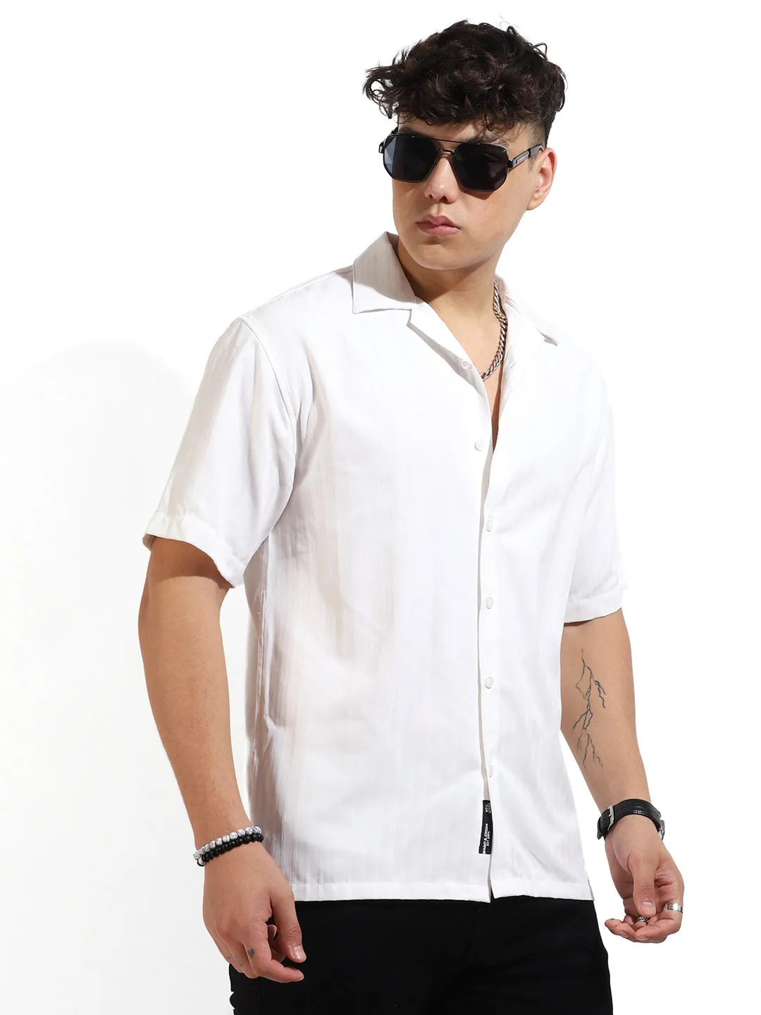 Basic Stripe White Half Sleeve  Shirt