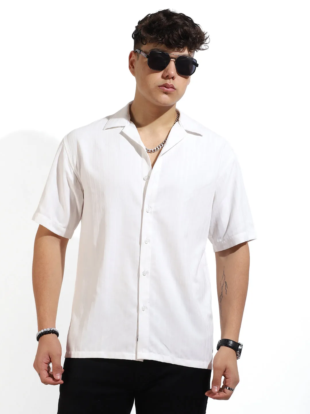 Basic Stripe White Half Sleeve  Shirt