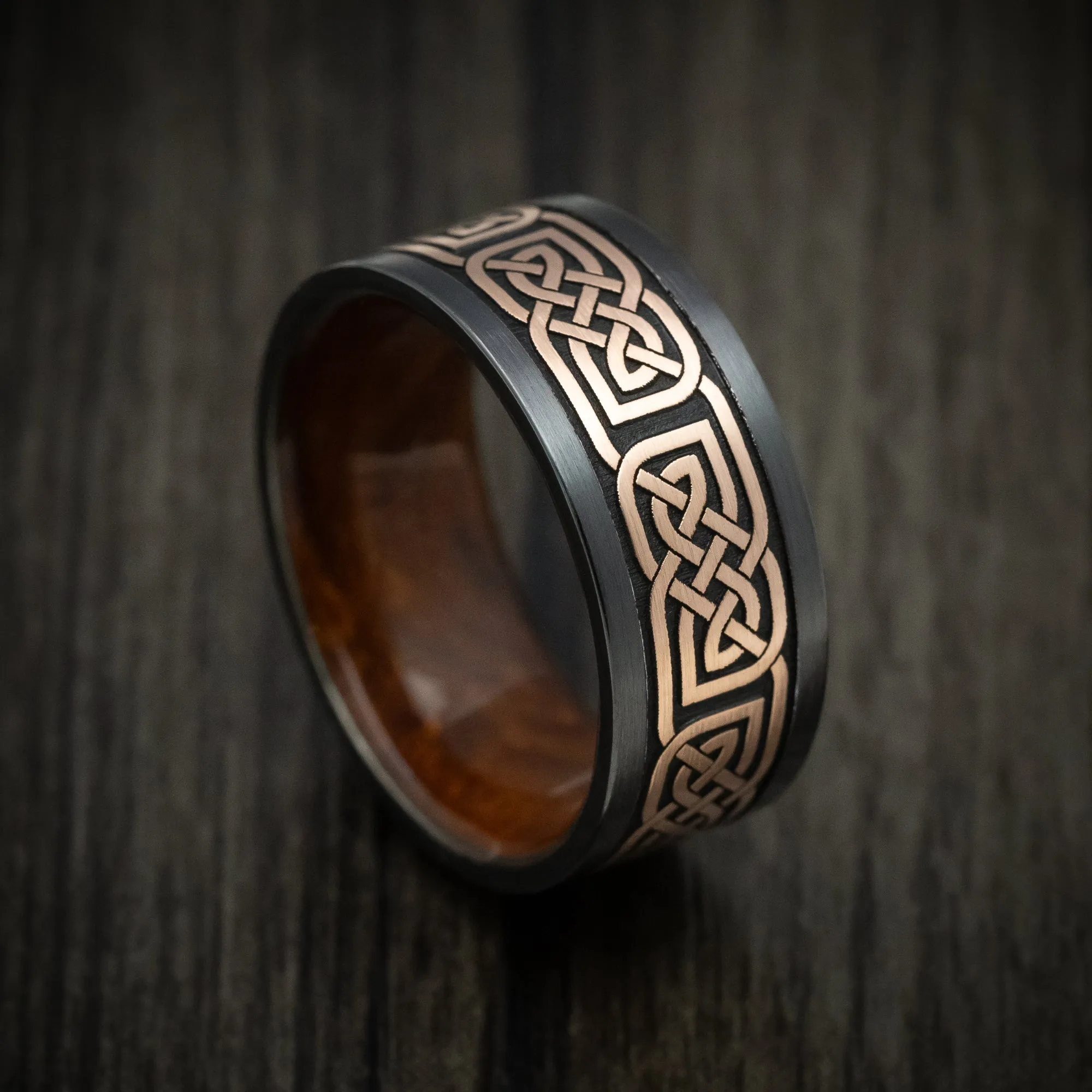 Black Titanium Men's Ring with 14K Gold Celtic Knot and Wood Sleeve Custom Made Band