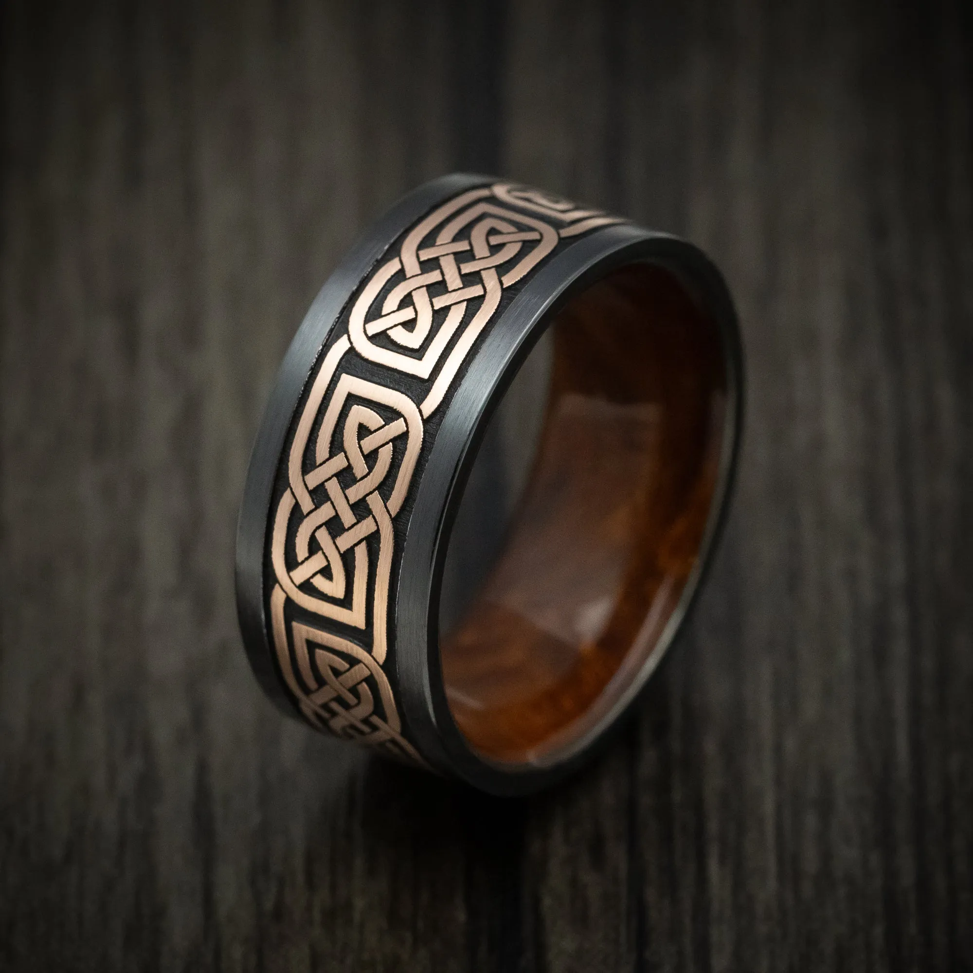 Black Titanium Men's Ring with 14K Gold Celtic Knot and Wood Sleeve Custom Made Band