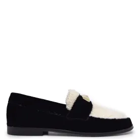 Blublonc Black Velvet and Shearling Stud Loafer