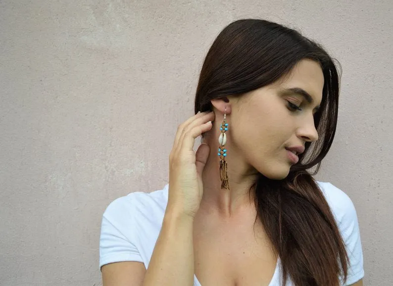 Boho leather drop earrings (light blue beads)