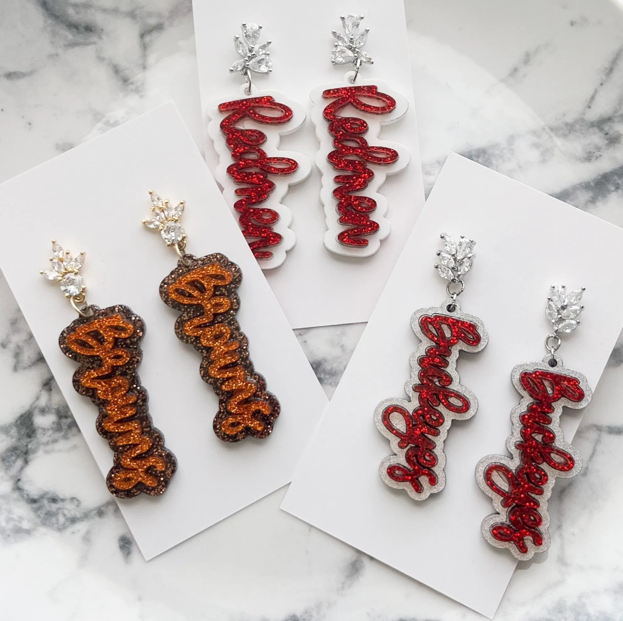 Cubic Zirconia Glitter Redmen Script Earrings