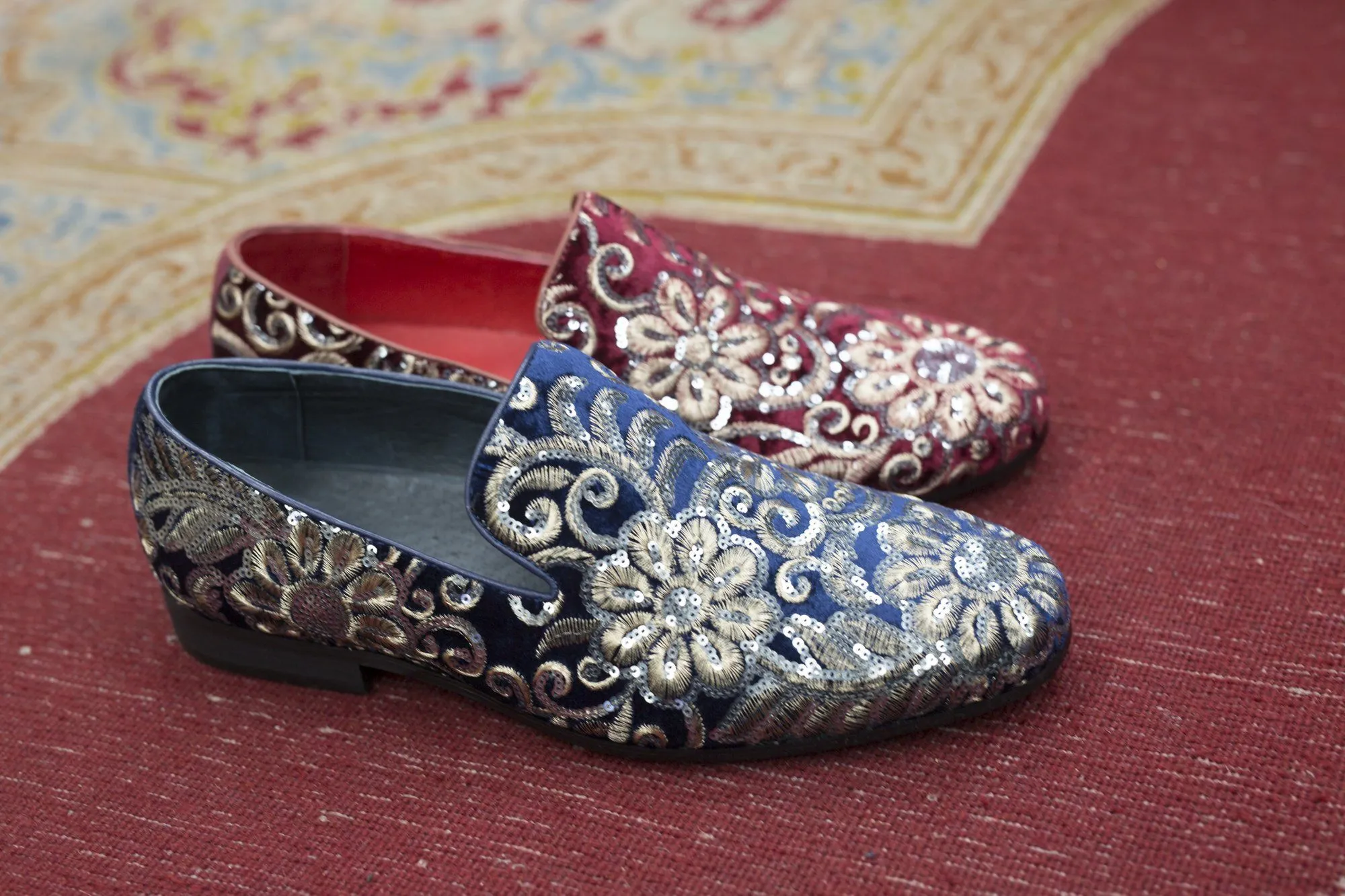 Embroidered Velvet Slip-On Loafer Ruby