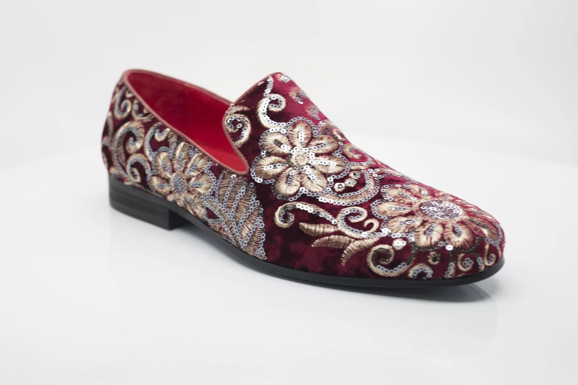 Embroidered Velvet Slip-On Loafer Ruby