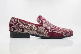 Embroidered Velvet Slip-On Loafer Ruby