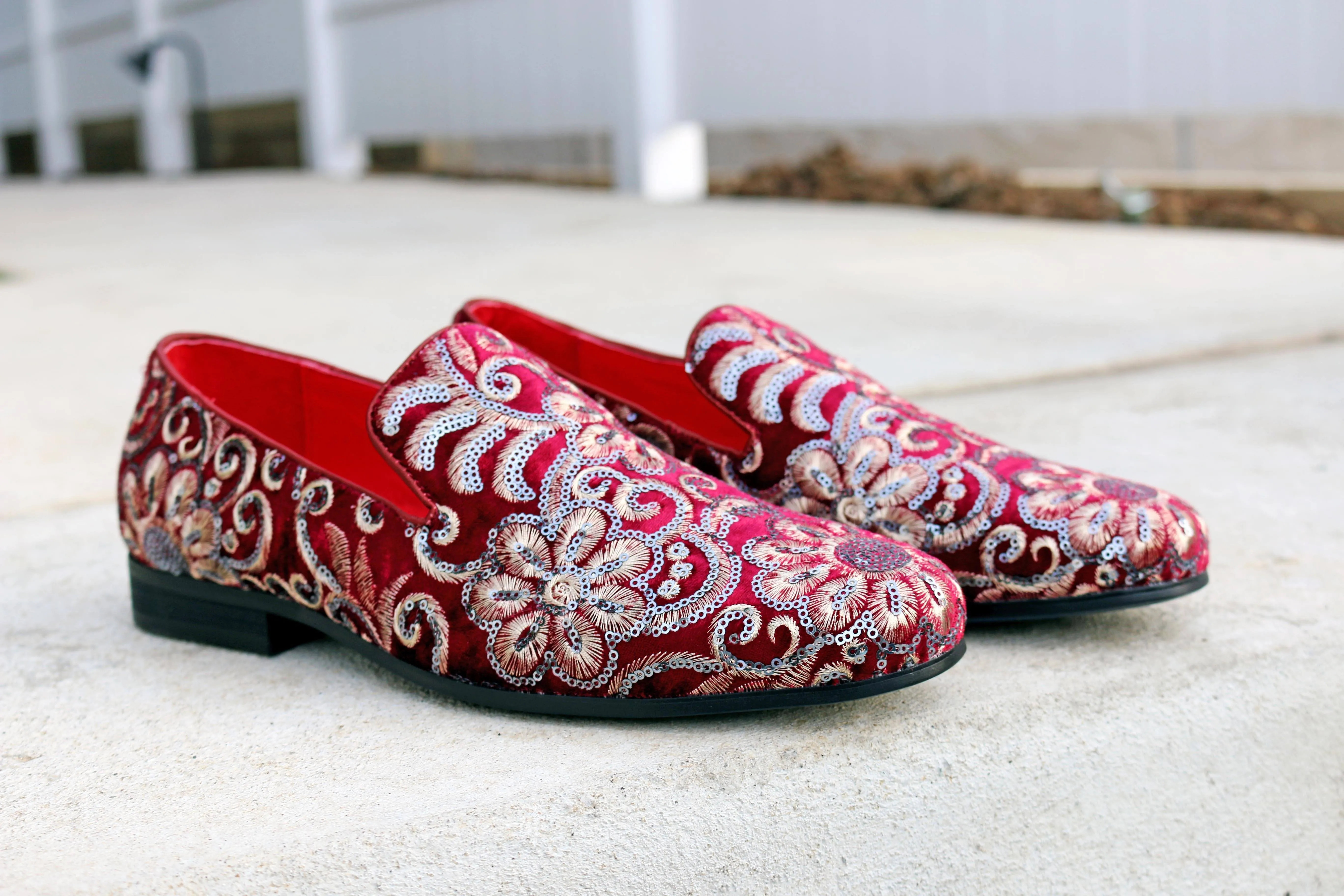 Embroidered Velvet Slip-On Loafer Ruby