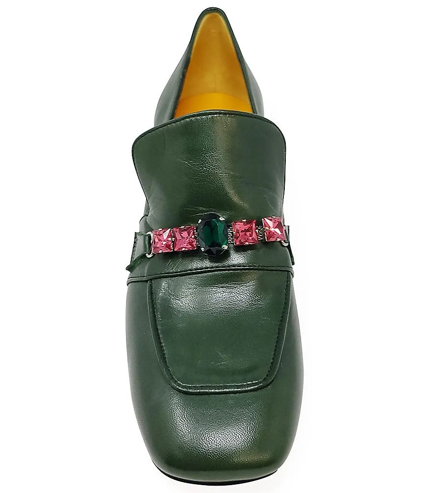 Green Leather Mid Heel Jeweled Loafer