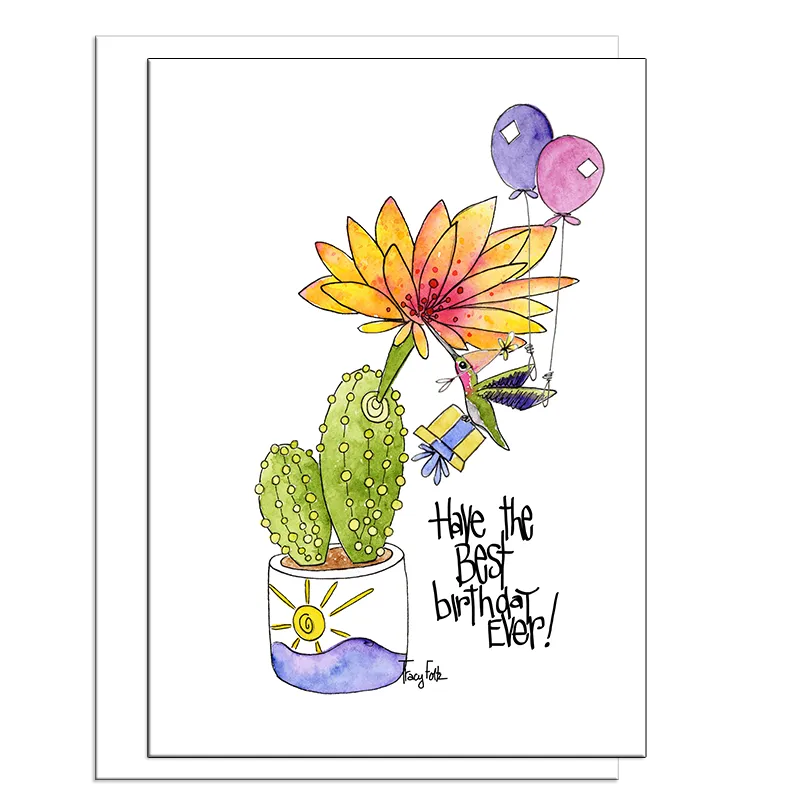 Hummingbird Cactus Flower Birthday Card