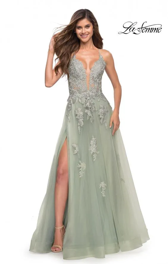 La Femme 30560 Lace Tulle Full With Slit