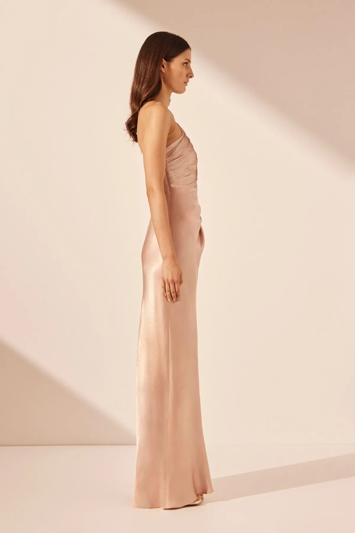 LA LUNE ASYMMETRICAL GATHERED MAXI DRESS - DESERT ROSE