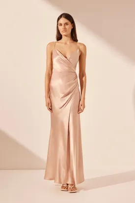 LA LUNE CROSS DRAPED MAXI DRESS - DESERT ROSE