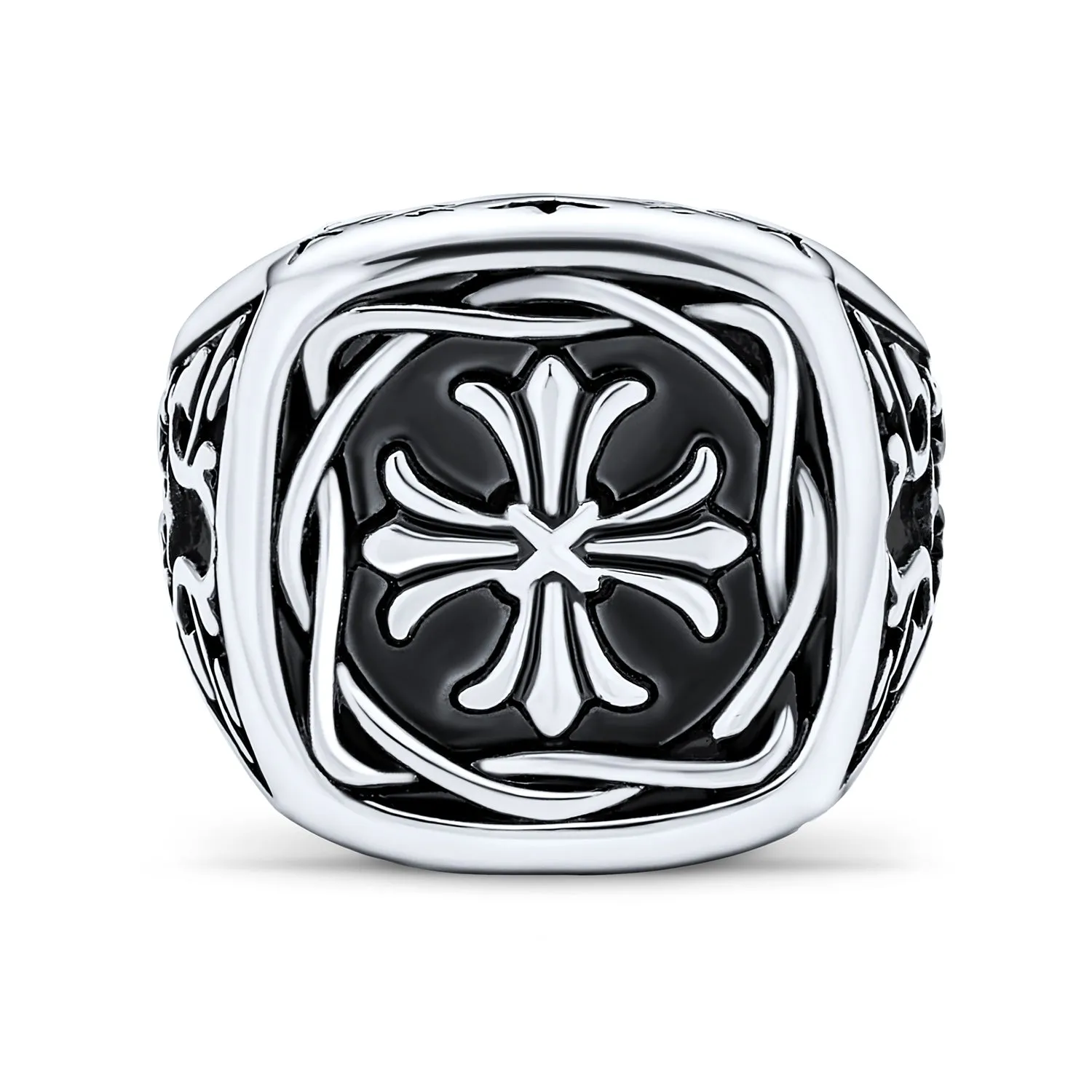 Large Mens Religious Ancient Fleur De Lis Cross Signet Ring Band Stainless Steel