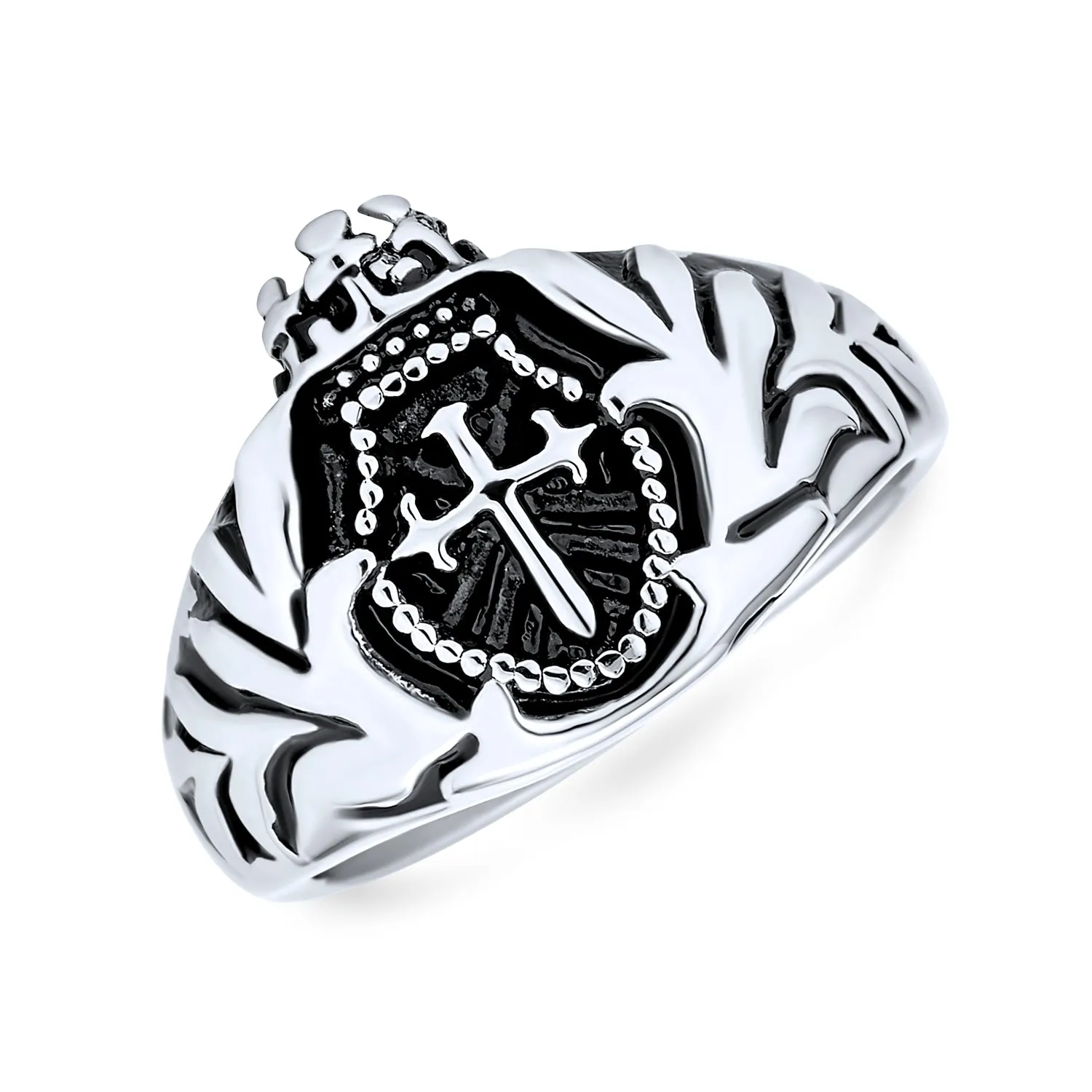 Large Mens Religious Ancient Fleur De Lis Cross Signet Ring Band Stainless Steel