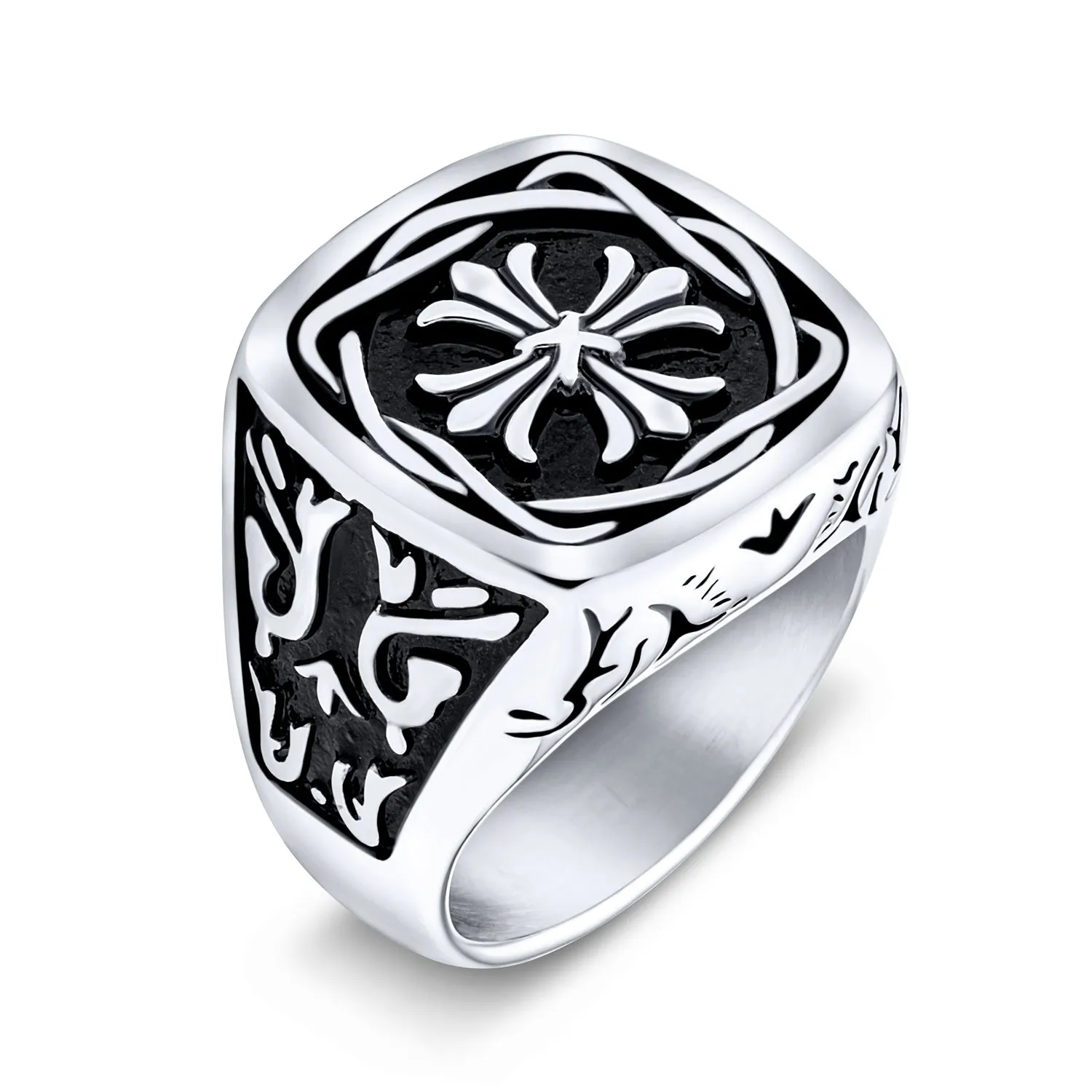 Large Mens Religious Ancient Fleur De Lis Cross Signet Ring Band Stainless Steel