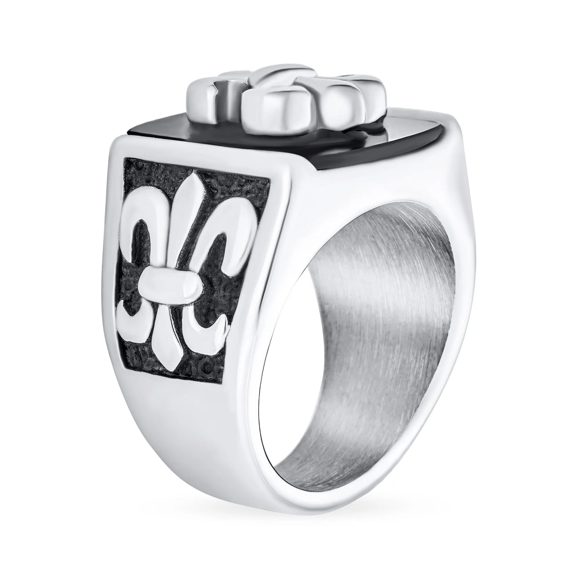 Large Mens Religious Ancient Fleur De Lis Cross Signet Ring Band Stainless Steel