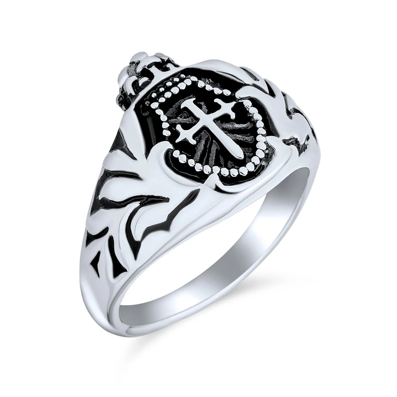 Large Mens Religious Ancient Fleur De Lis Cross Signet Ring Band Stainless Steel