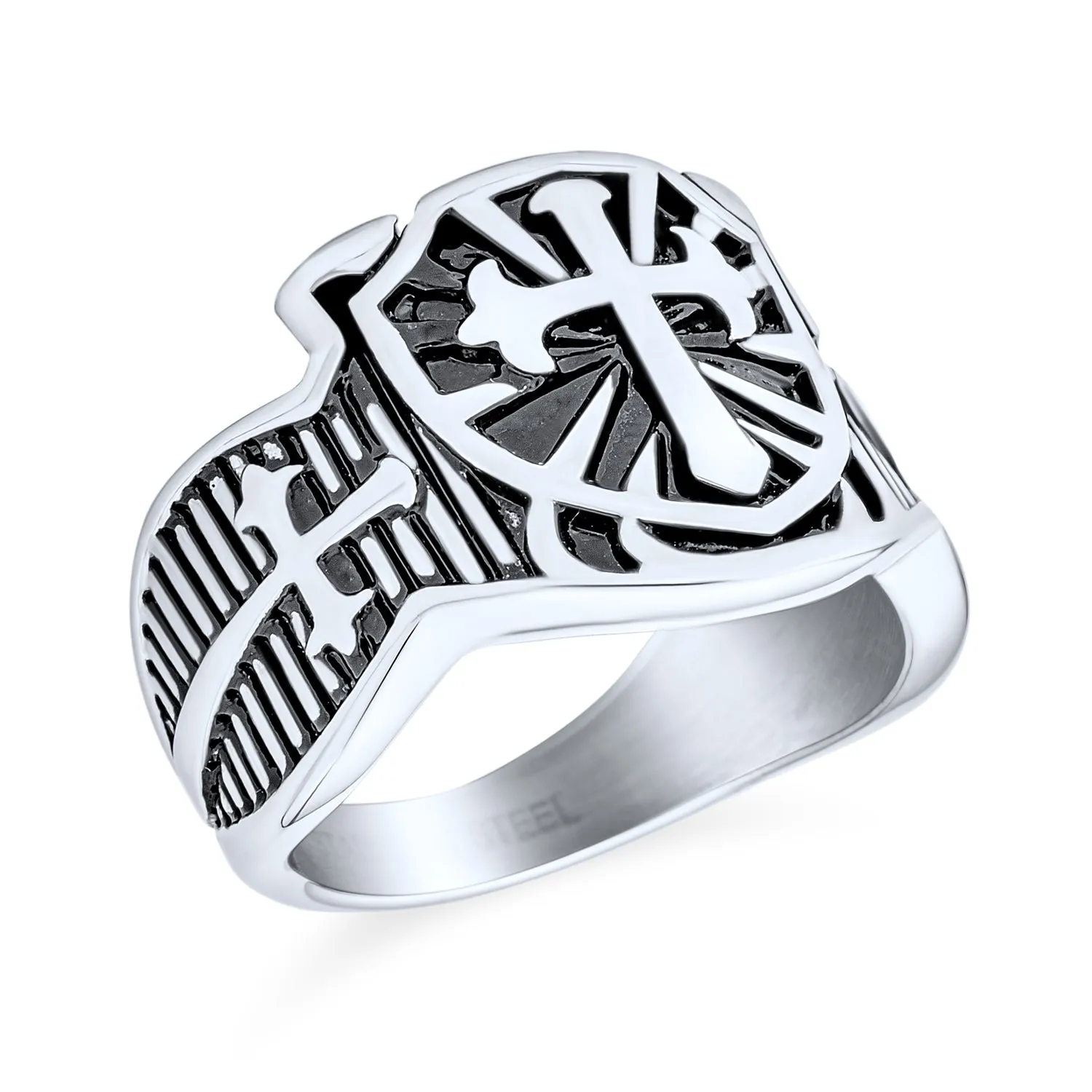 Large Mens Religious Ancient Fleur De Lis Cross Signet Ring Band Stainless Steel