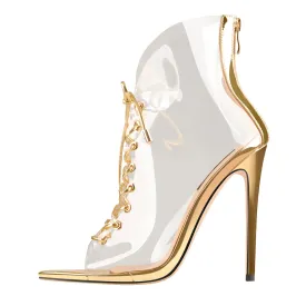 Open Toe Golden Lace up Transparent Zip Ankle Sandals Boots