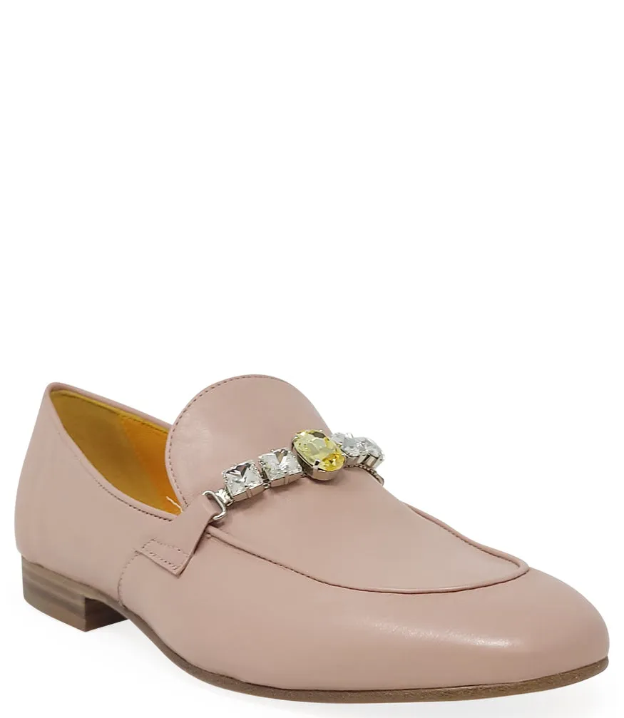 Pink Leather Flat Jeweled Loafer