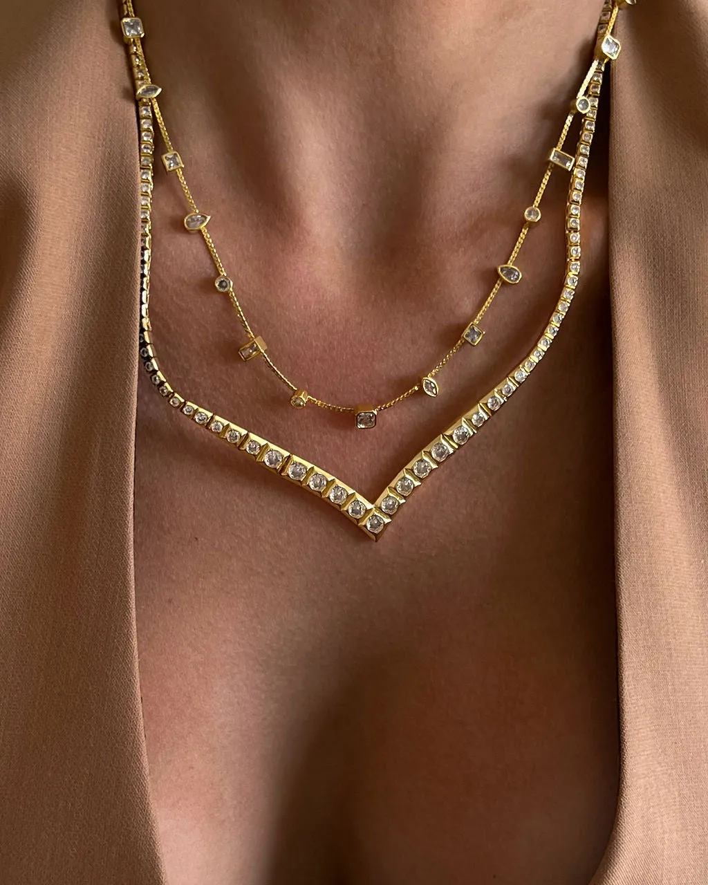 Pyramid V Tennis Necklace- Gold