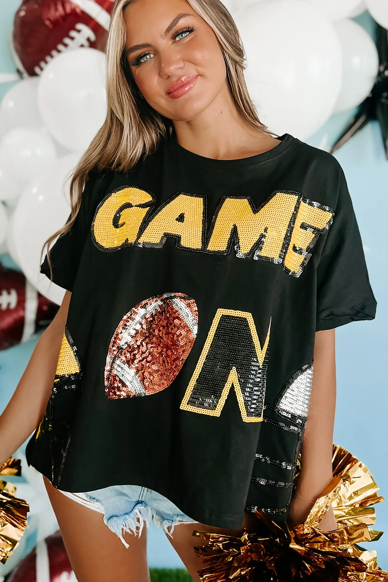 "Game On" Oversized Sequin Graphic Top (Black)