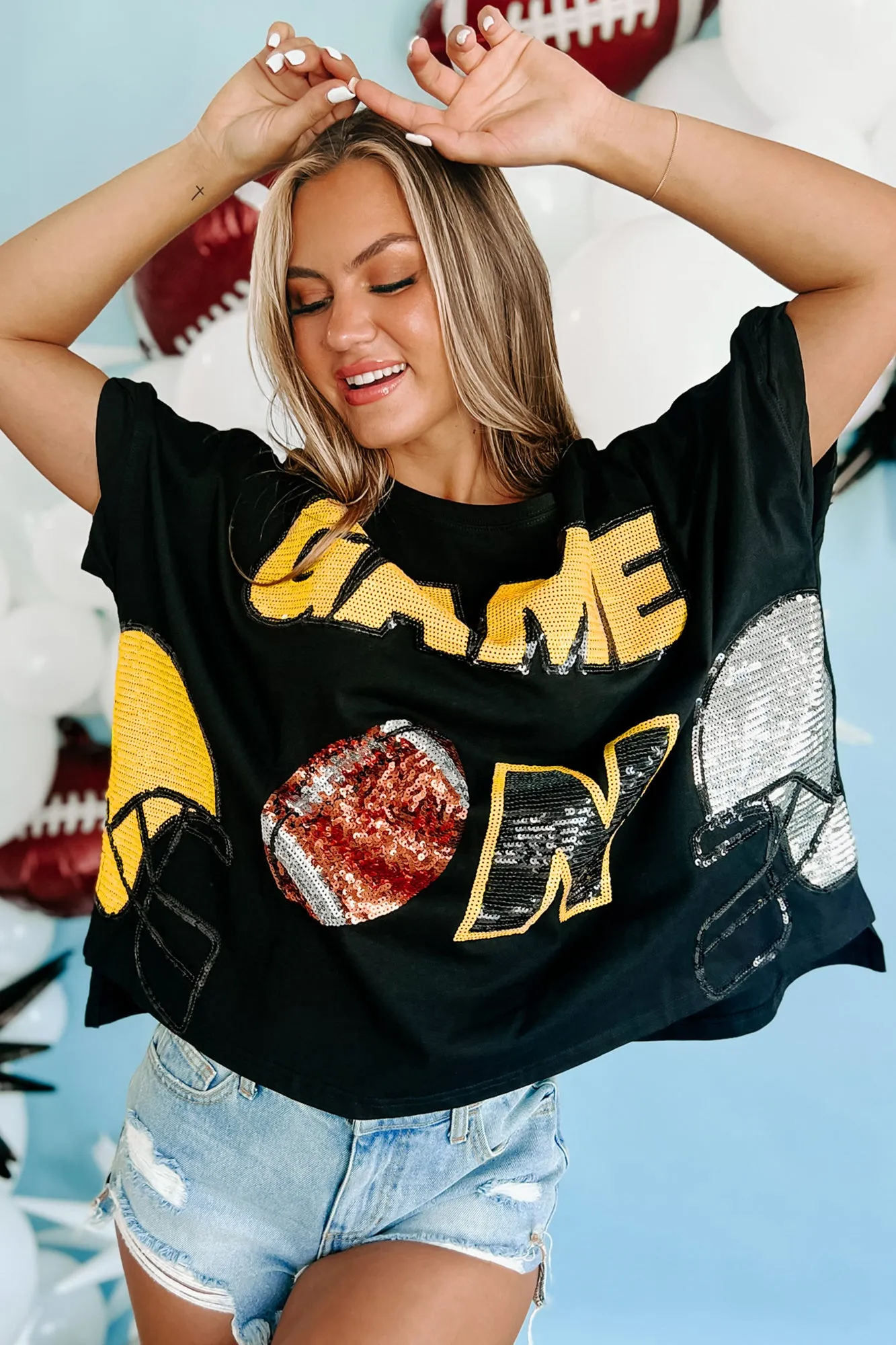 "Game On" Oversized Sequin Graphic Top (Black)