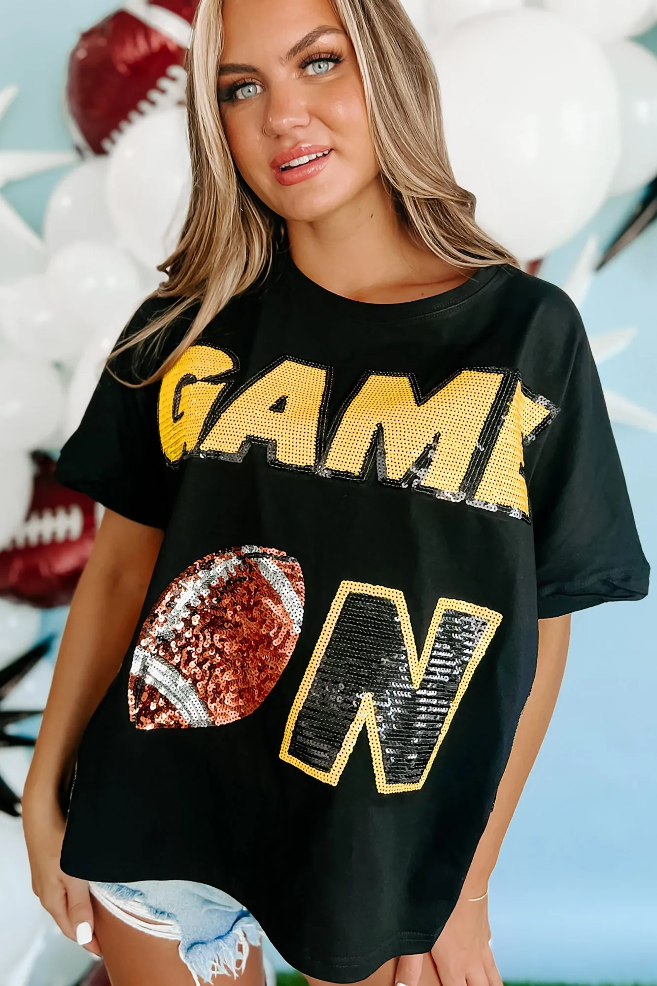 "Game On" Oversized Sequin Graphic Top (Black)