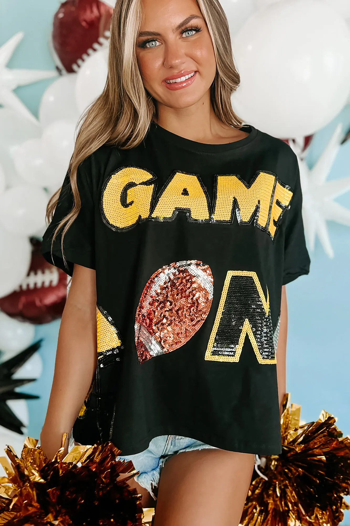 "Game On" Oversized Sequin Graphic Top (Black)