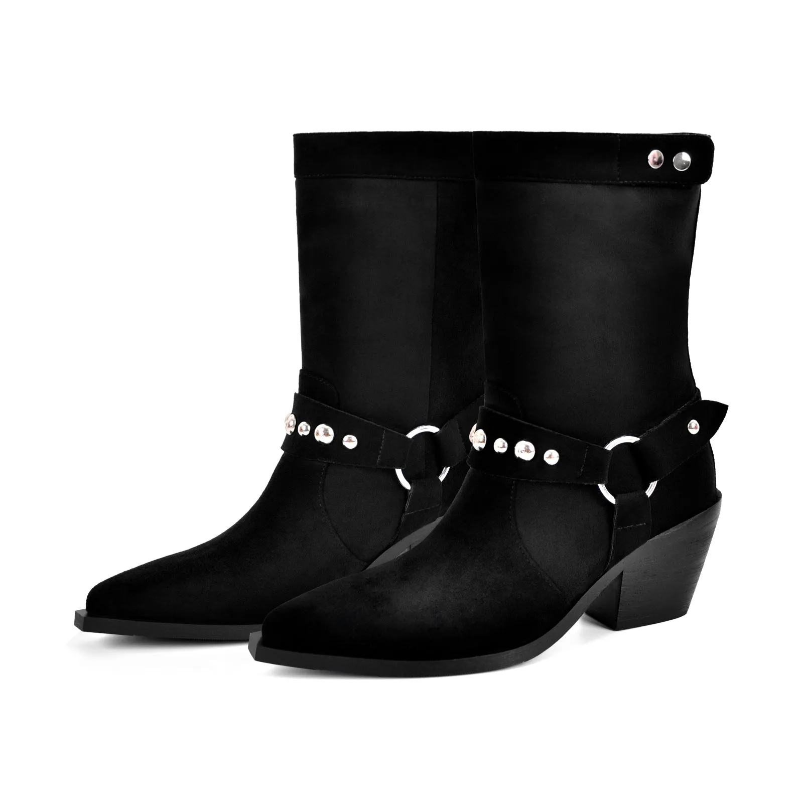 Rivet Pointed Toe Suede Western Ankle Boots