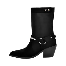 Rivet Pointed Toe Suede Western Ankle Boots