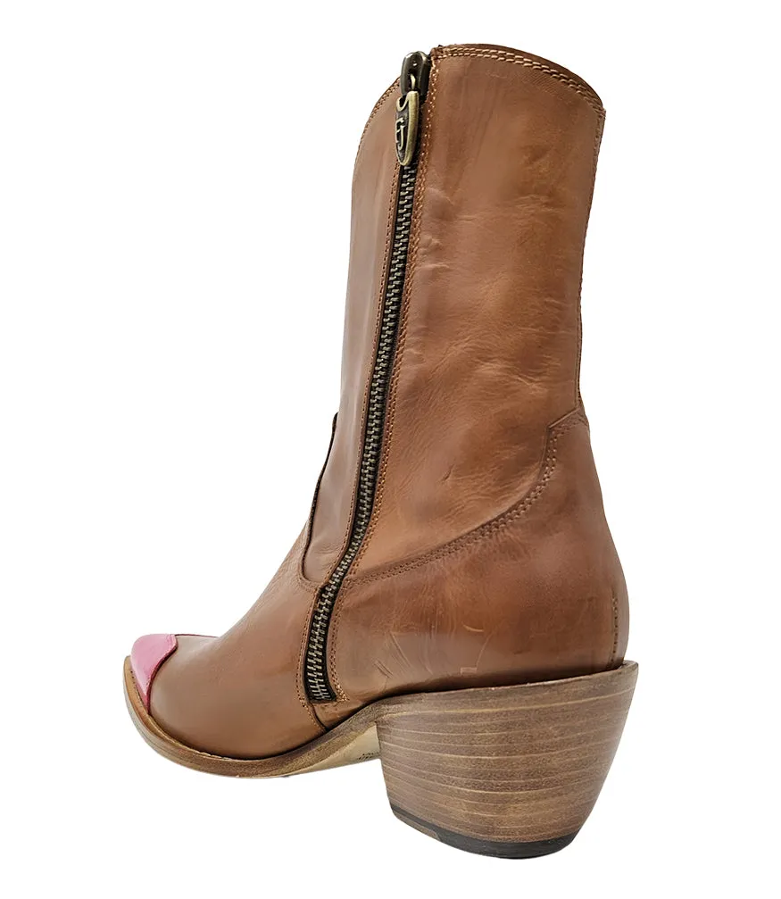 Tan/Fuchsia Heart Toe Ankle Boot