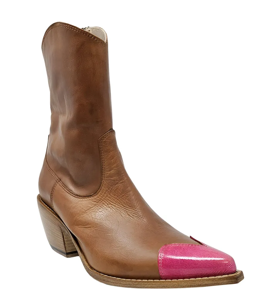 Tan/Fuchsia Heart Toe Ankle Boot