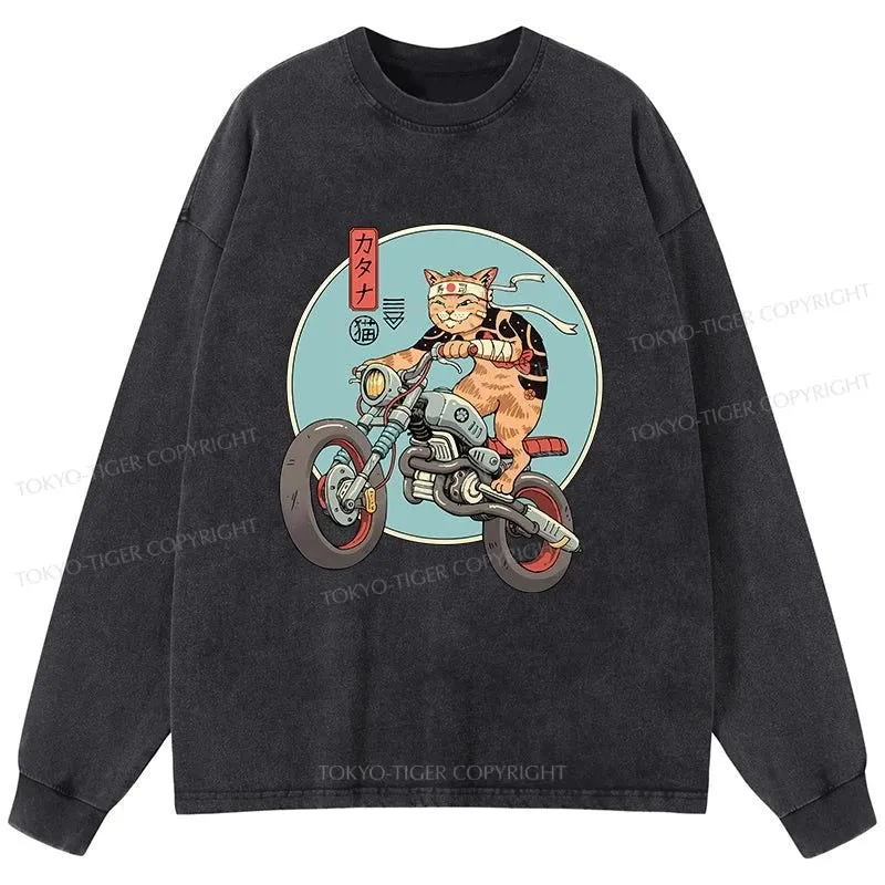 Tokyo-Tiger Catana Motorcycle Washed Long Sleeve T-Shirt