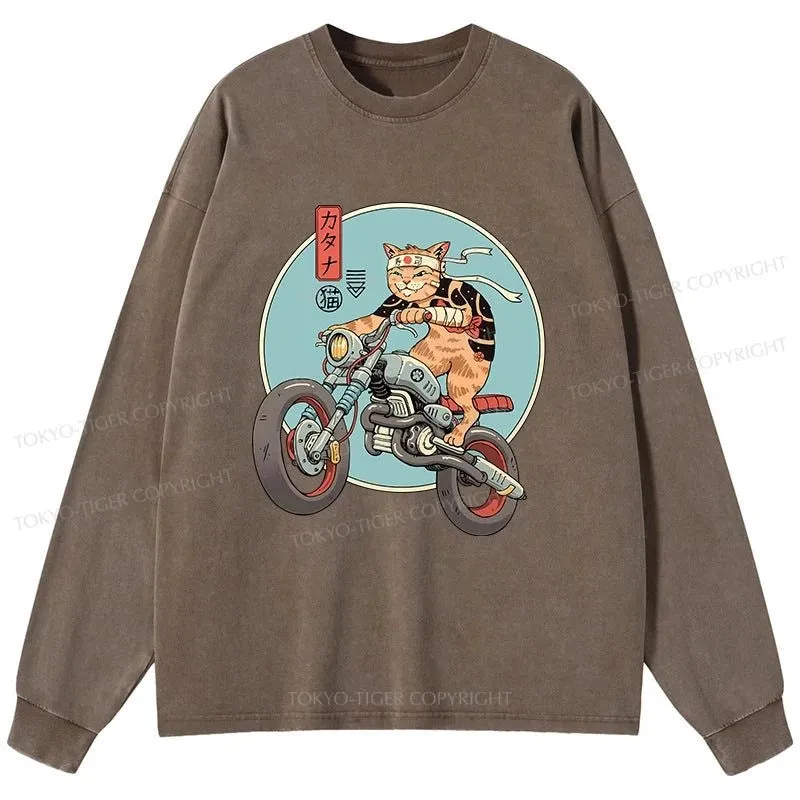 Tokyo-Tiger Catana Motorcycle Washed Long Sleeve T-Shirt